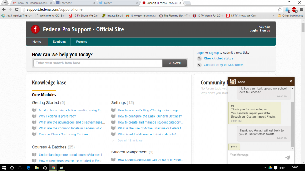Fedena chat support screenshot
