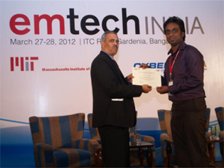 Unni Krishnan Koroth collecting the Mit tr35 award for Fedena Student Management Software